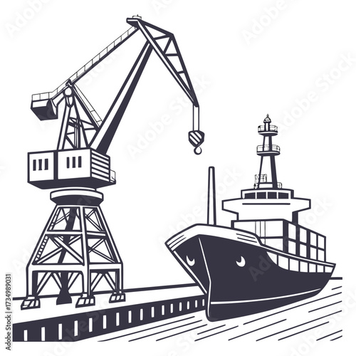 Industrial port scene with a large cargo ship being loaded by a towering crane at the dockside