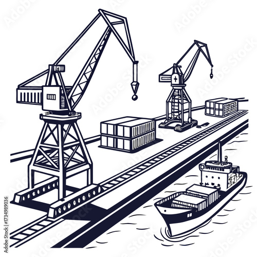 Industrial port scene with large cranes loading cargo containers onto a ship at the dock