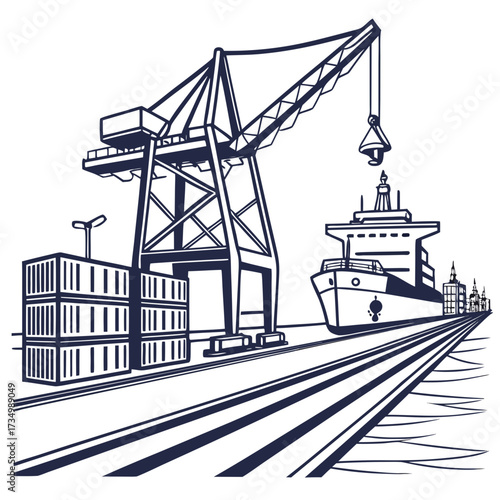 Industrial shipping port scene with a large crane loading cargo containers onto a cargo ship