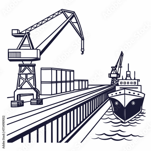 Industrial shipping port scene with large cranes loading cargo containers onto a docked ship