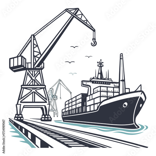 Industrial shipping port with large cranes loading cargo onto a container ship at the dock