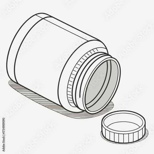 Isometric line art illustration of an open pill bottle lying on its side with the cap removed next to it