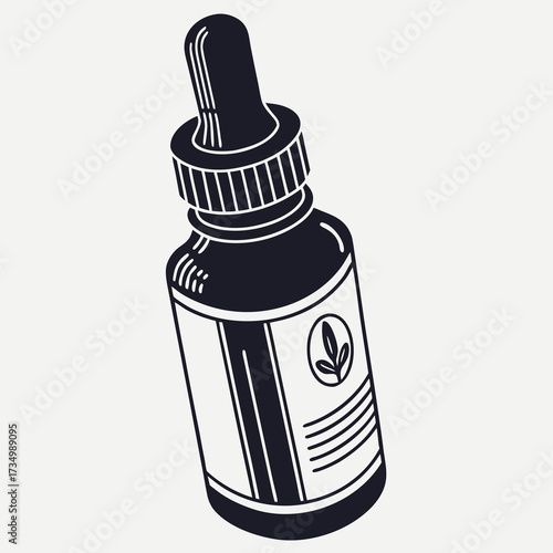 Minimalist black and white illustration of a glass dropper bottle with a leaf logo on its label