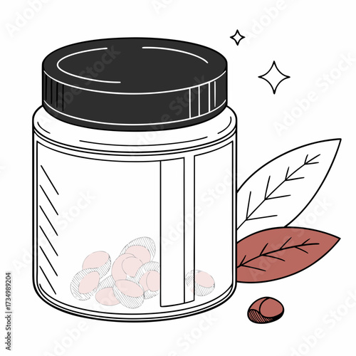 Stylized illustration of a clear glass jar filled with small pink pills and a black lid surrounded by leaves and sparkles