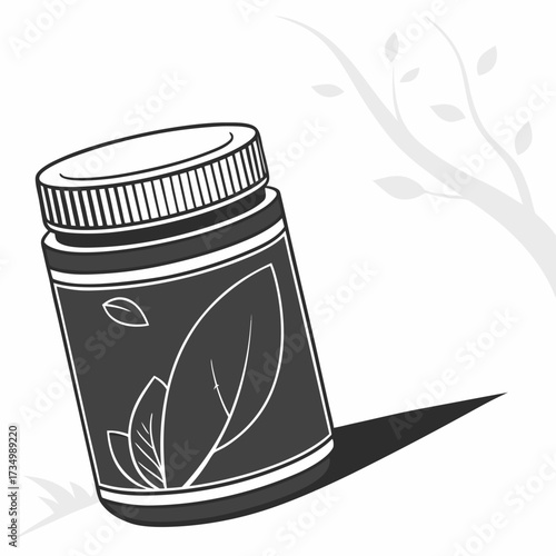 Stylized illustration of a dark gray bottle with a white lid and leaf design on the label casting a shadow