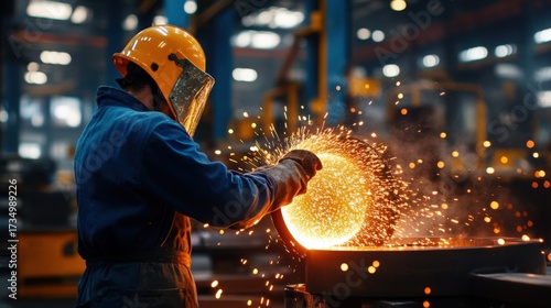 Worker Creating Sparks While Handling Hot Metal in Factory Setting