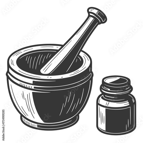 Vintage mortar and pestle with a small glass vial symbolizing traditional medicine and herbal remedies