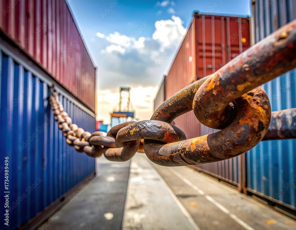 Naklejka premium Rusty chain between shipping containers