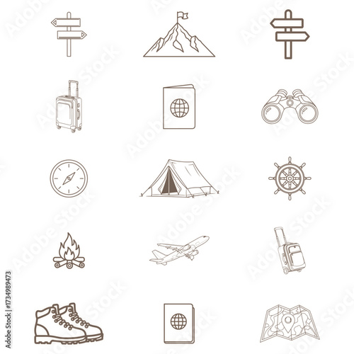 Plan your next adventure with this exciting travel and exploration icon set