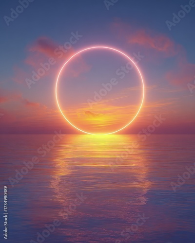 Glowing Circle Sunset Over Ocean