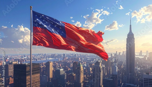 Stunning view over New York City with American Flag waving proudly against a beautiful sky and iconic skyline, embodying freedom and patriotic spirit