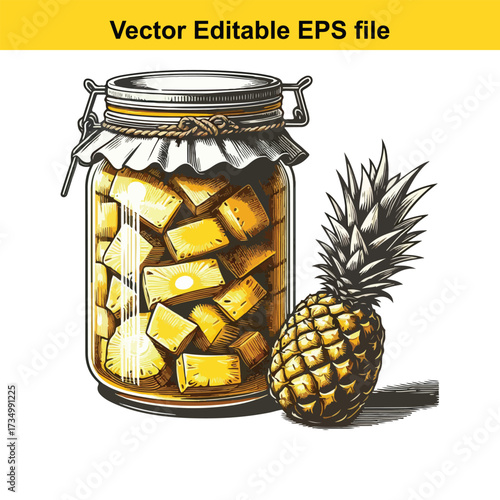 Jar of cubed pineapple preserved in liquid with whole pineapple, isolated on white background