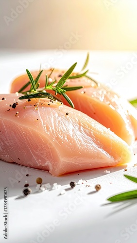 Raw Chicken Breast Fillets with Rosemary and Pepper on White Surface Food Photography