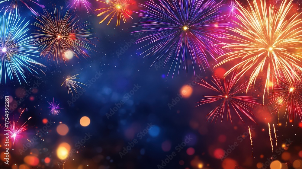 Fototapeta premium Vibrant fireworks illuminate the night sky, creating a dazzling display of color and light with bokeh effect