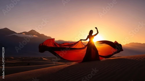 woman in vibrant flowing orange-red dress dances on desert dunes at sunset The setting sun backlights her and the dramatic fabric with distant mountains under twilight sky