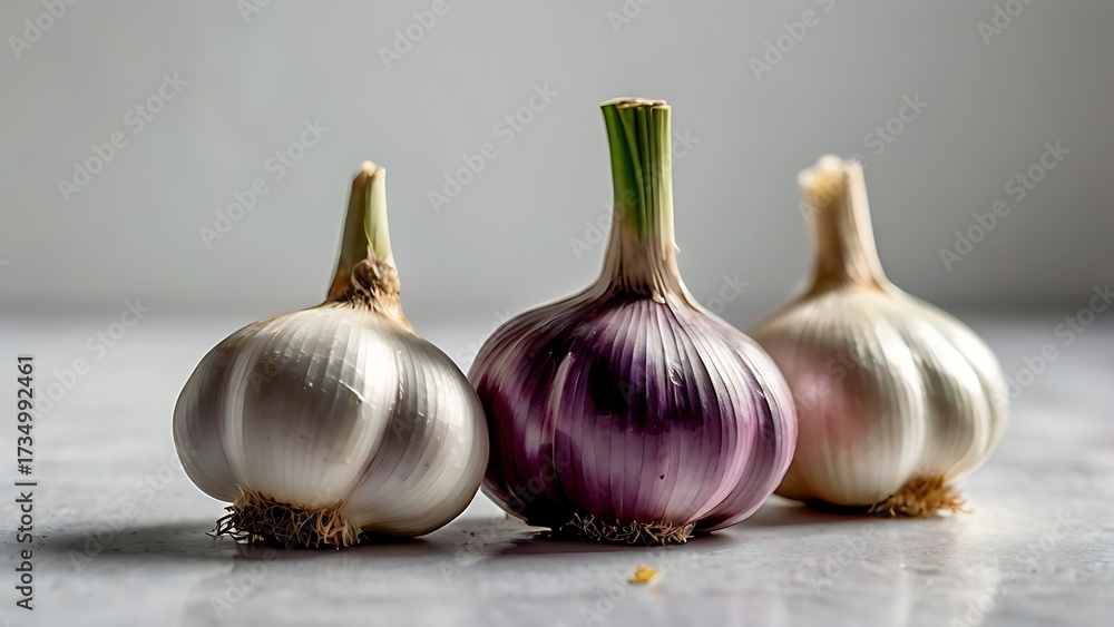 Obraz premium Fresh organic garlic cloves arranged in three unique positions isolated on clean white flat background high resolution professional stock image perfect for food design and culinary content