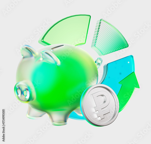 3D rendering of a glass piggy bank. A ruble coin with round arrows and a graph. The concept of finance, money accumulation, asset storage, digital economy and investment flow