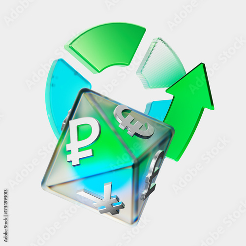3D render illustration of a transparent cube with Russian ruble currency symbols and circular arrows. Concept of finance, money exchange, currency trading, digital economy and investment flow.