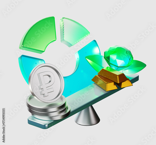 3D render illustration of financial balance with Russian ruble coins, gold bars and gemstone on a scale. Concept of wealth management, investment portfolio, financial stability and economy growth.