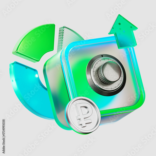 3D render illustration of a metallic safe with Russian ruble coin symbol, arrow growth and finance elements. Concept of money protection, banking security, savings and digital economy.