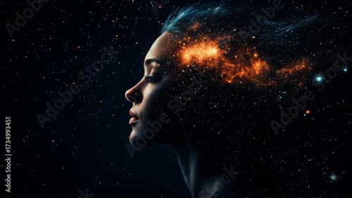 Cosmic Woman Profile Featuring Galaxy and Stars in Surreal Space Scene Highlighting Universe and Nebula Elements for Imaginative Exploration