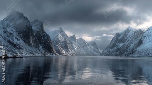 Dramatic, snow-capped mountain range reflects in calm, dark water under a moody, cloudy sky