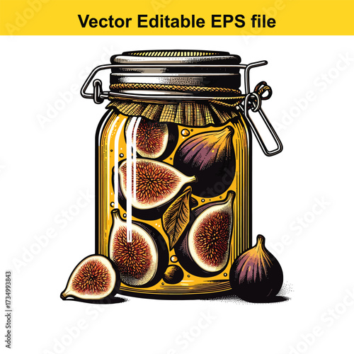 Jar of figs preserved in syrup, isolated on white background