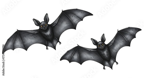 Illustration of two flying bats with outspread wings on a white background