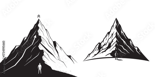 Graphic Illustration of Human Figure Facing Mountain, Symbolizing Challenge and Aspiration