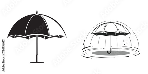 Black and White Umbrella Illustrations for Rain Protection and Security Concepts