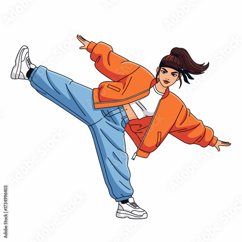 2D flat vector illustration of teenage character a gilpy teenage girl in oversized jacket and headband, performing a tilt step hip hop move with one leg bent and upper body leaning sideways