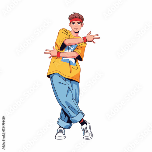 2D flat vector illustration of teenage character a gilpy teenage boy in retro streetwear, headband and loose jeans, starting a top rock dance move with crossed step and dynamic hand gestures