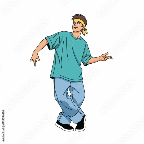 2D flat vector illustration of teenage character a gilpy teenage boy in retro streetwear, headband and loose jeans, starting a top rock dance move with crossed step and dynamic hand gestures