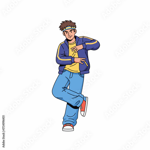 2D flat vector illustration of teenage character a gilpy teenage boy in retro streetwear, headband and loose jeans, starting a top rock dance move with crossed step and dynamic hand gestures