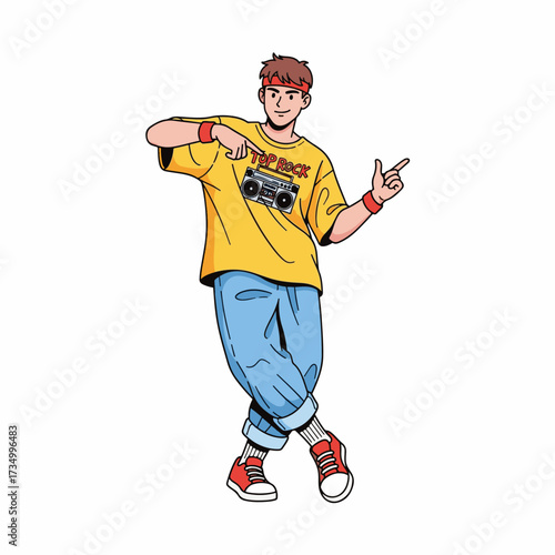 2D flat vector illustration of teenage character a gilpy teenage boy in retro streetwear, headband and loose jeans, starting a top rock dance move with crossed step and dynamic hand gestures