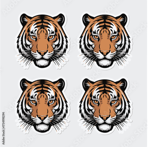 Four identical orange and black tiger heads with white outlines on a light grey background Keywords: tiger, head, face, animal, feline, big cat