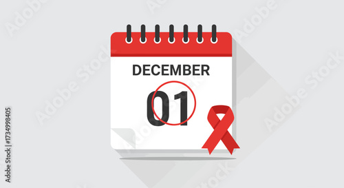 A Flat Design vector illustration displaying a calendar page with December 1st prominently marked and a red ribbon symbolizing the annual observance of World AIDS Day.
