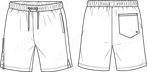 WebCasual shorts technical sketch, front back view, fashion flat drawing, drawstring waistband, garment template, apparel illustration