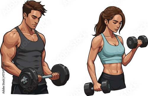 Fitness couple lifting dumbbells, strength training, bicep curl, gym workout, muscular man, fit woman, white background