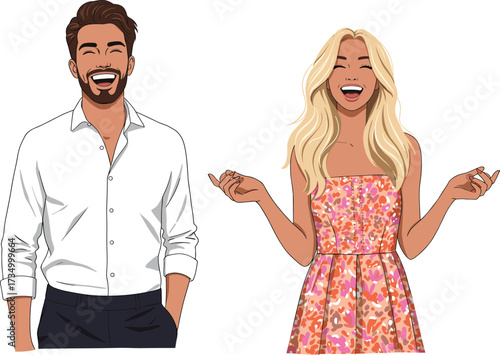 Happy couple illustration, smiling man and woman, floral dress, joyful pose, expressive characters, white background, vibrant mood