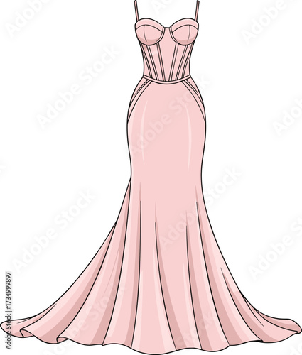 Blush Pink Evening Gown Vector with Corset Bodice, Spaghetti Straps, Sweetheart Neckline for Fashion, Formal Wear, and Style Themes