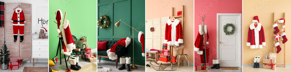 Obraz premium Collage of Santa Claus costumes in home interiors