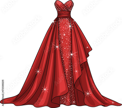 Elegant Red Evening Gown Vector Illustration Featuring Strapless Sweetheart Neckline, Glitter Details, and Flowing Layers for Fashion Design Projects