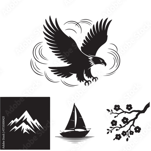 Eagle soaring above mountains with sailboat and cherry blossom branch bird flight