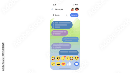 Digital messaging interface on a smartphone, showcasing text bubbles and expressive emojis.