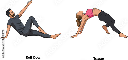 Pilates exercise illustration, Roll Down pose, Teaser pose, fitness duo, core workout, flexibility training, white background