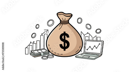 Financial Illustration: A stylized depiction of a money bag, banknotes, and laptop, symbolizing financial success and growth.