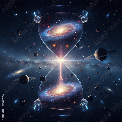 Galactic Hourglass Dimensions – A cosmic hourglass made of swirling galaxies, surrounded by planets and asteroids in deep space.