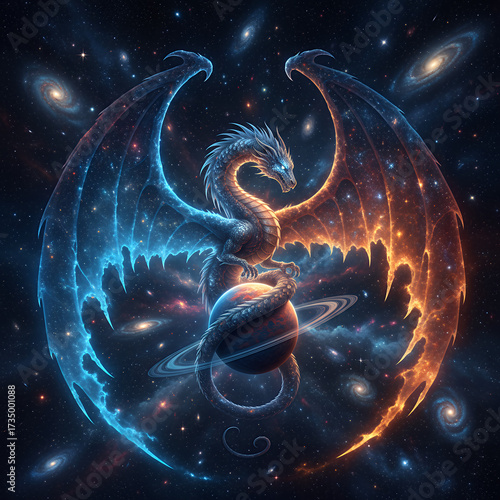 Cosmic Dragon Eclipse – A fantasy dragon with fiery orange and icy blue wings encircles Saturn, glowing in deep space with galaxies swirling around in a celestial balance.