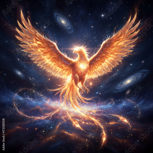 Fiery cosmic phoenix ascends in a blaze of gold through deep space, galaxies swirling around its wings as it bursts with radiant rebirth energy, mythic celestial bird